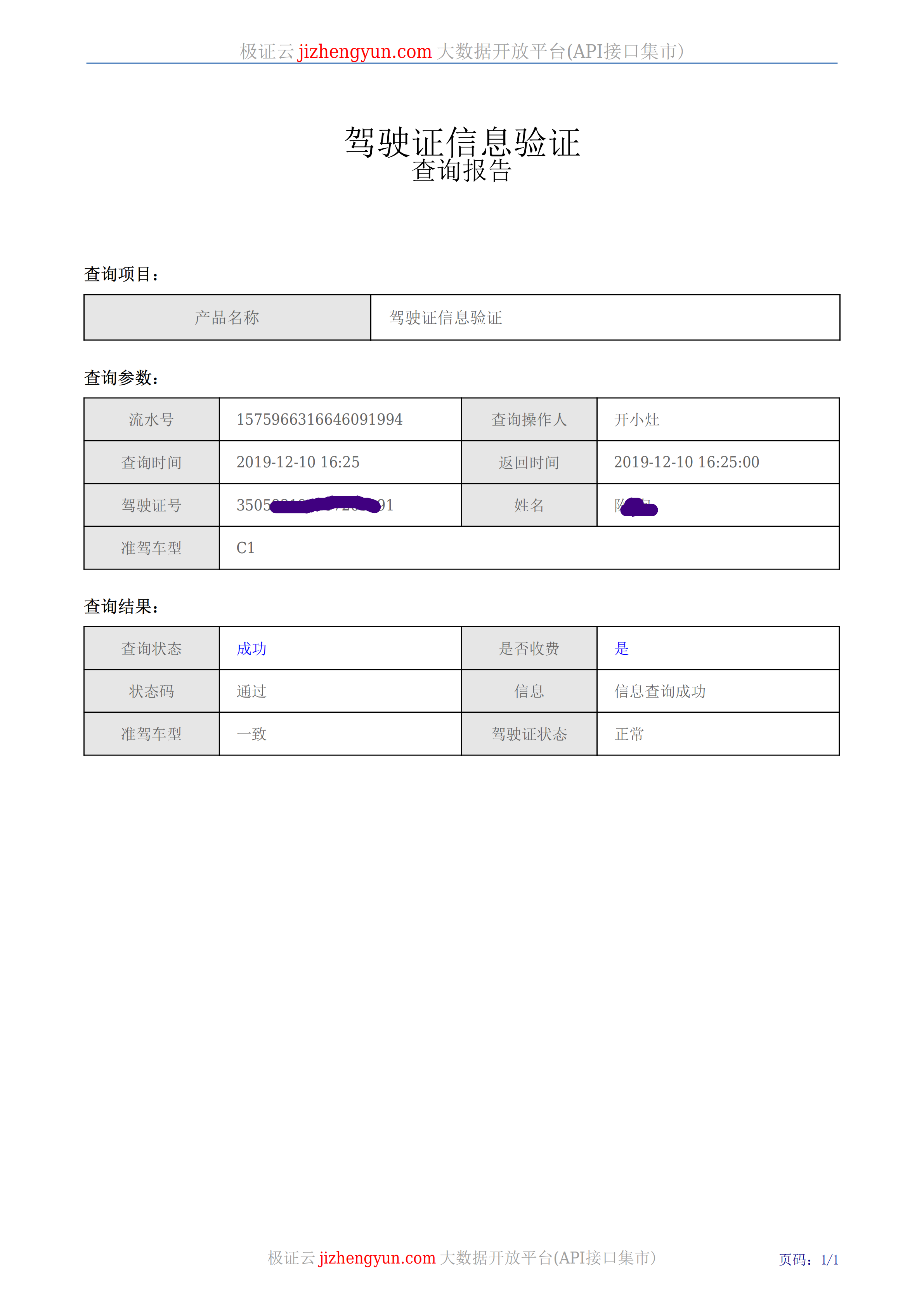 驾驶证信息验证报告示例